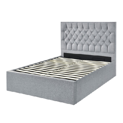 luxury button tufted fabric gas lift bed frame queen size pebble