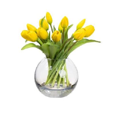 yellow tulip artificial faux flower plant decorative arrangement in fishbowl