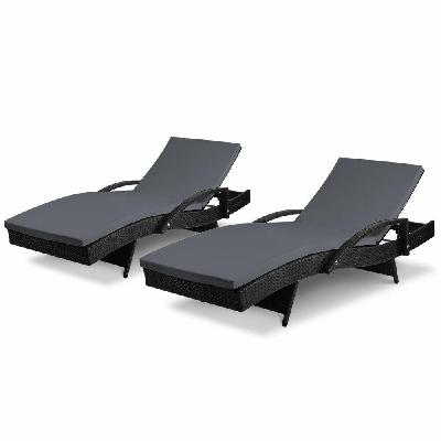 set of 2 outdoor sun lounge chair with cushion - black