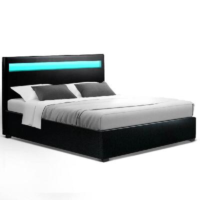 new led bed frame double full size gas lift base with storage black leather