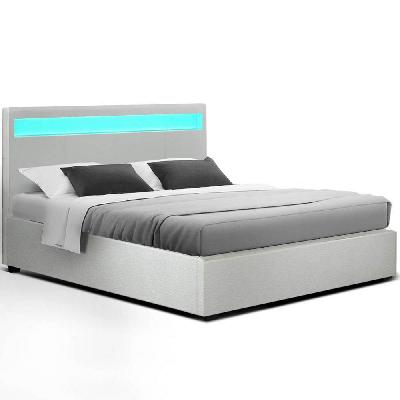 new led bed frame queen size gas lift base with storage white leather