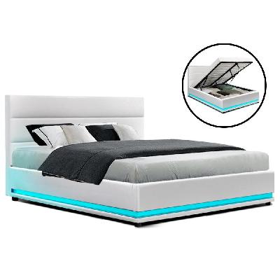 new rgb led bed frame double full size gas lift base storage white leather lumi