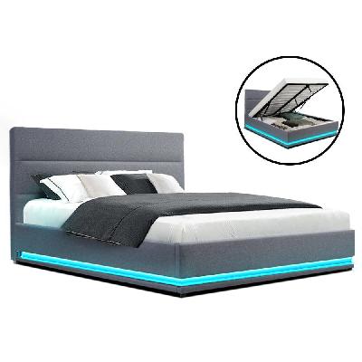 new rgb led bed frame queen size gas lift base with storage grey fabric lumi