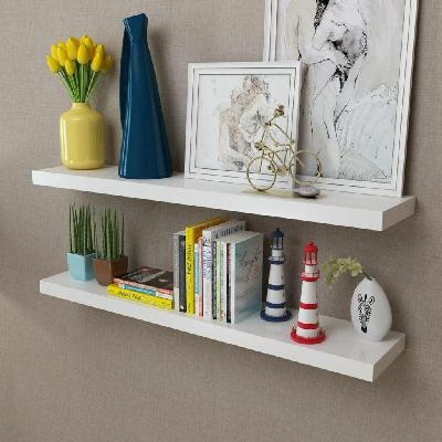 2 white mdf floating wall display shelves book/dvd storage