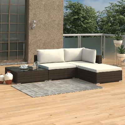 4 piece garden lounge set with cushions poly rattan brown