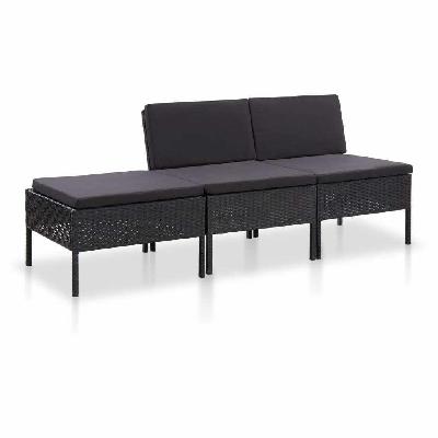 3 piece garden lounge set with cushions poly rattan black