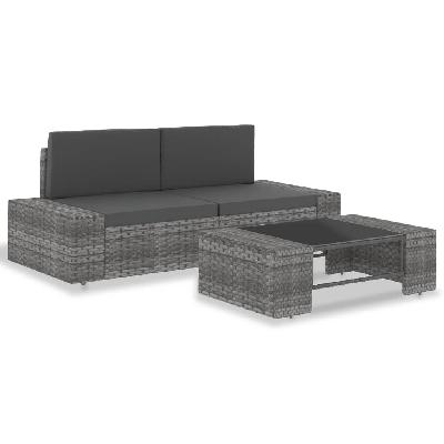 3 piece garden lounge set poly rattan grey