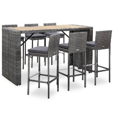 7 piece outdoor bar set with cushions poly rattan grey