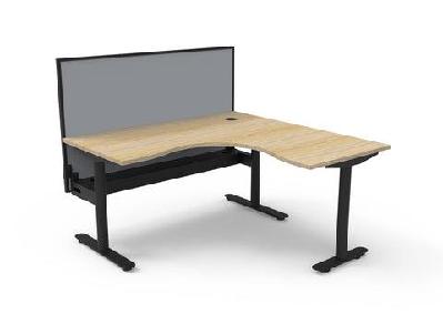 rl halo static corner workstation with aluminium framed screen1500w x 1500w / with cable tray / oak top black base grey screen
