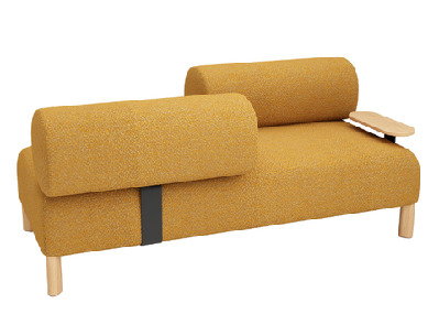 dd cailloux 2 seater fabric breakout sofa with opposite facing backrest and table mustard 