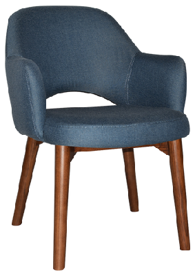 ez albury solid timber walnut stained upholstered hospitality dining armchairgravity denim