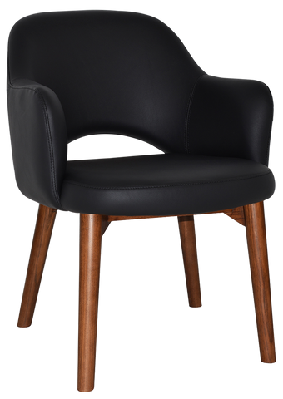 ez albury solid timber walnut stained upholstered hospitality dining armchairblack vinyl