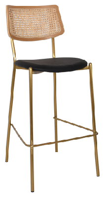 ez texas metal leg rattan back barstool - naturalbrass stainless steel / black vinyl
