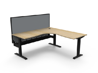 rl boost static corner desk with aluminium framed screen1800w x 1800w / with cable tray / oak top black base grey screen