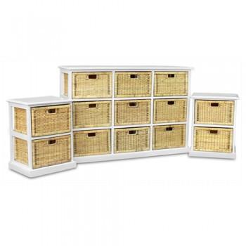 hawaii 9 drawers wood & wicker white jumbo dresser in white + 2 hawaii bedside tables in white&nbsp;package deal