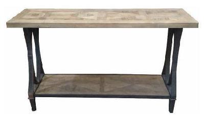 bourke recycled elm parquetry hall table with rustic metal frame 