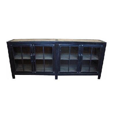 recycled elm and iron 4-door glass sideboard 