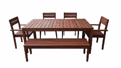 supreme rectangular 1.8m dining table and chairs / bench 6pc setting 
