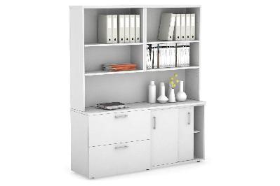 uniform sliding 2 door credenza and 2 drawer lateral file unit with open hutch 