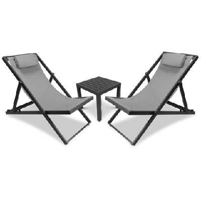 chill deck chair and san sebastian 3pc occasional set in gunmetal and charcoal grey textilene 