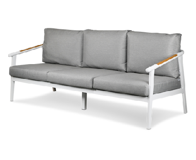 porto 3 seater in arctic white aluminium frame with teak polywood accent and spuncrylic stone grey cushions 