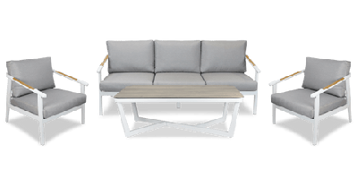 porto 3 seater with 2 x armchair and coffee table in arctic white with teak polywood accent, hpl table top and spuncrylic stone grey cushions 