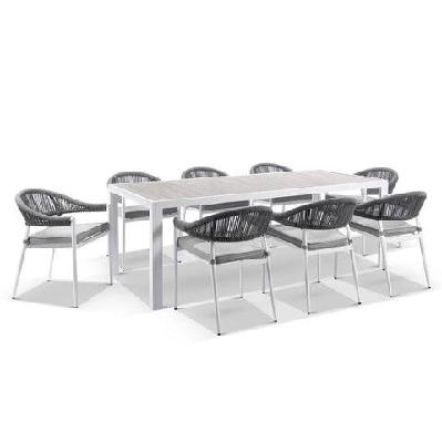 southport outdoor 2.17m aluminium and ceramic table with 8 finley chair frost white 