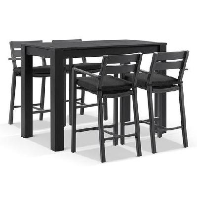 santorini outdoor aluminium 1.5m bar table with 4 bar stools 4 / charcoal / denim grey 