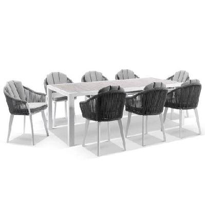 southport outdoor 2.17m aluminium and ceramic table with 8 alpine chair frost white 