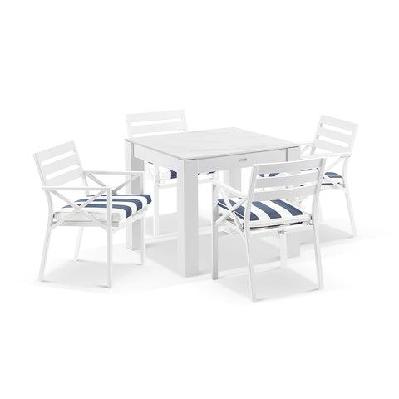 hugo outdoor 4 seater square ceramic and aluminium dining table with kansas chairs white / textured olefin grey 