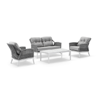 hugo 2+1+1 seater outdoor aluminium and rope lounge set with coffee table white / grey rope w/ textured olefin grey 