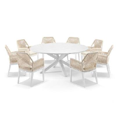 houston outdoor 1.8m round aluminium dining setting with 8 hugo chairs light oak look / cream rope w/ cream 