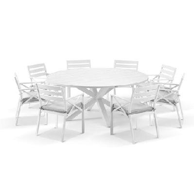 houston outdoor 1.8m round aluminium dining setting with 8 kansas chairs white / textured olefin grey 