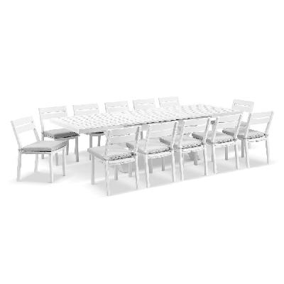 austin outdoor 2.2m - 3m extension aluminium table with 12 santorini armless dining chairs white / textured olefin grey 