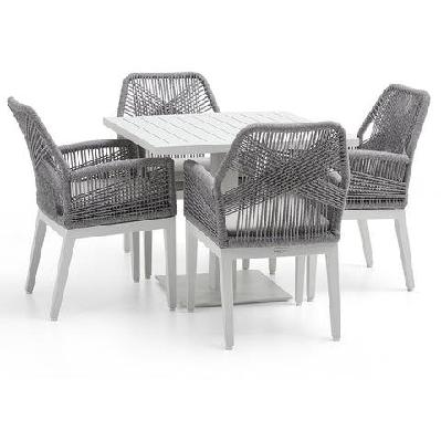 avoca outdoor square pedestal aluminium dining table with hugo rope chairs white / cream rope w/ cream 