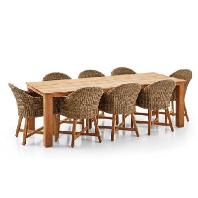 barbados outdoor teak 2.4m rectangle dining table with 8 coastal wicker chairs brushed wheat / cream 