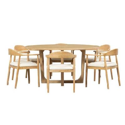 bateau bay 1.6m round indoor timber table with 6x esperance dining chairs warm wheat