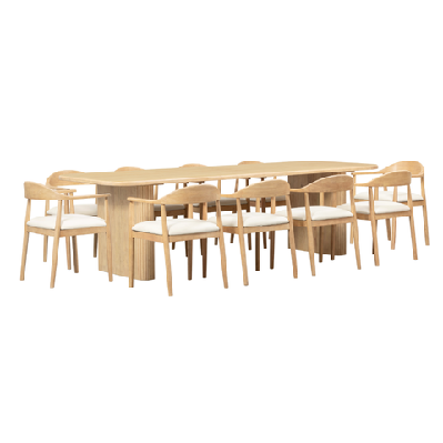 bateau bay 2.8m rectangle indoor timber table with 10x esperance dining chairs warm wheat 