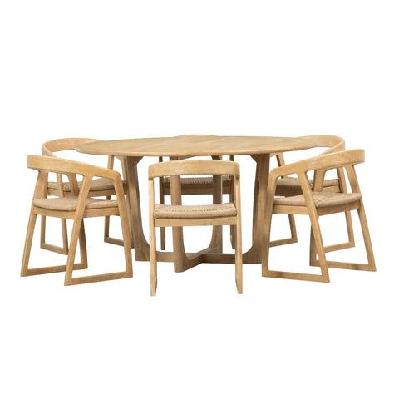 bateau bay 1.6m round indoor timber table with 6x kingscliff dining chairs warm wheat
