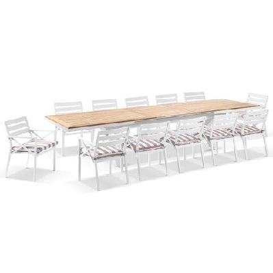 austin outdoor 3m - 3.8m extension teak and aluminium table with 12 kansas dining chairs in sunbrella white / sunbrella maxim heather stripe 