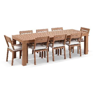 entertainer 2.45m outdoor aluminium dining table with 8 santorini chairs cedar look / olefin white 