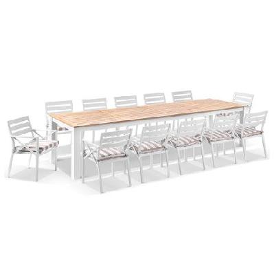 balmoral 3.55m teak top aluminium table with 12 kansas dining chairs with sunbrella cushions 12 seats / white / sunbrella maxim heather beige 