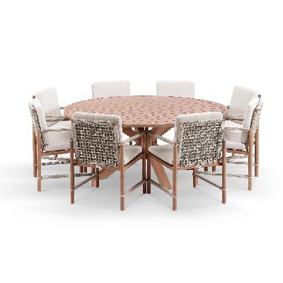 houston outdoor 1.8m round aluminium dining setting with 8 avery chairs cedar look / olefin white 