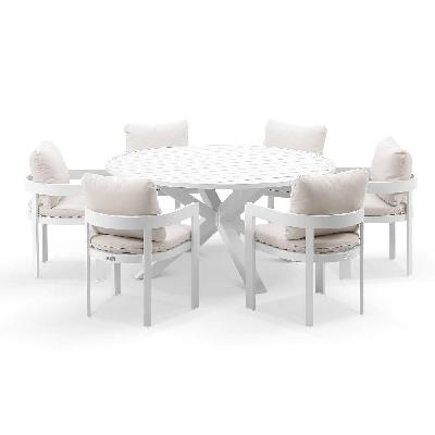 houston 1.5m outdoor round aluminium table with 6 marlo dining chairs cedar look / olefin white 