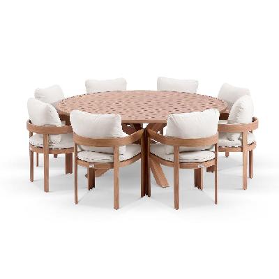 houston 1.8m outdoor round aluminium table with 8 marlo dining chairs cedar look / olefin white 