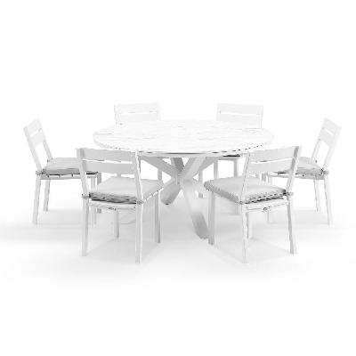 hugo 1.5m outdoor round aluminium and ceramic table with 6 santorini armless dining chairs white / textured olefin grey 
