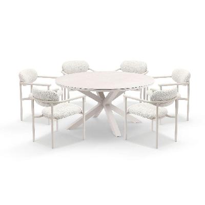 hugo 1.5m outdoor round aluminium and ceramic table with 6 aria dining chairs light dune 