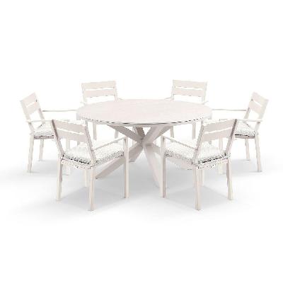 hugo 1.5m outdoor round aluminium and ceramic table with 6 santorini dining chairs light dune / sandstone 