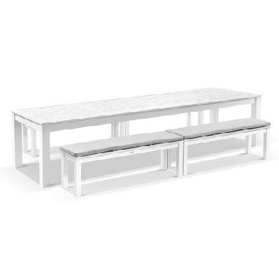 santorini 3.55m outdoor rectangle aluminium dining table with 4 bench seats white / textured olefin grey 