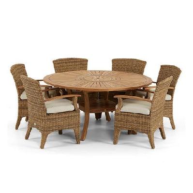 solomon 1.5m round outdoor teak timber table with kai wicker chairs brushed grey / denim grey 
